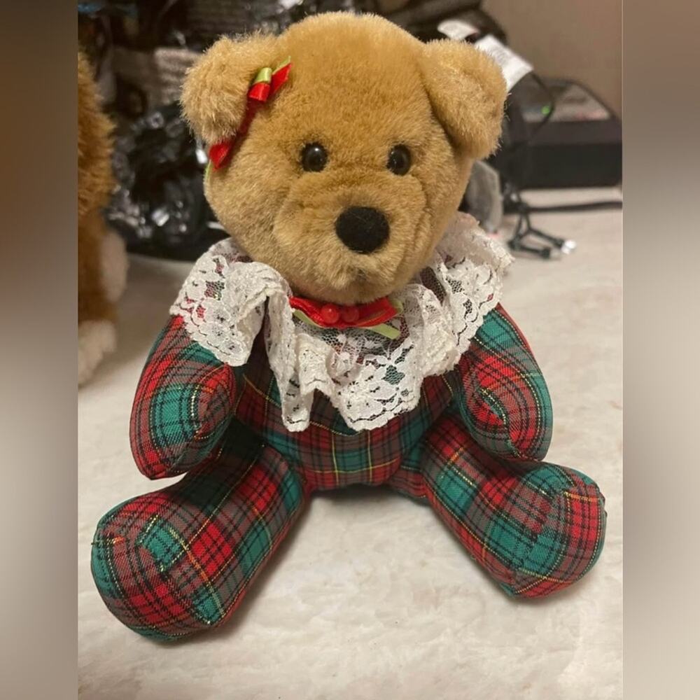 Plaid Teddy Bear with Lace Collar 90's